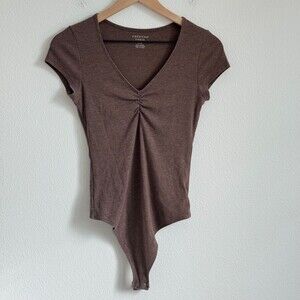 American Eagle Ribbed Brown Bodysuit V-Neckline Gathered Detail Short Cap Sleeve